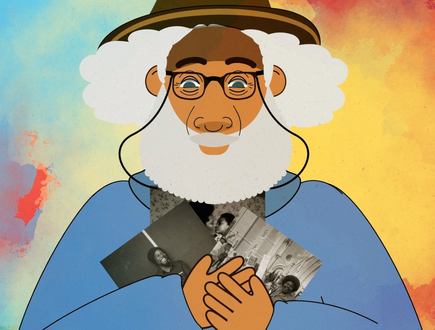 An illustration of Charlie Phillips shows a man with a blue jumper, brown skin and a grey beard and hair with glasses looking down at his photographs