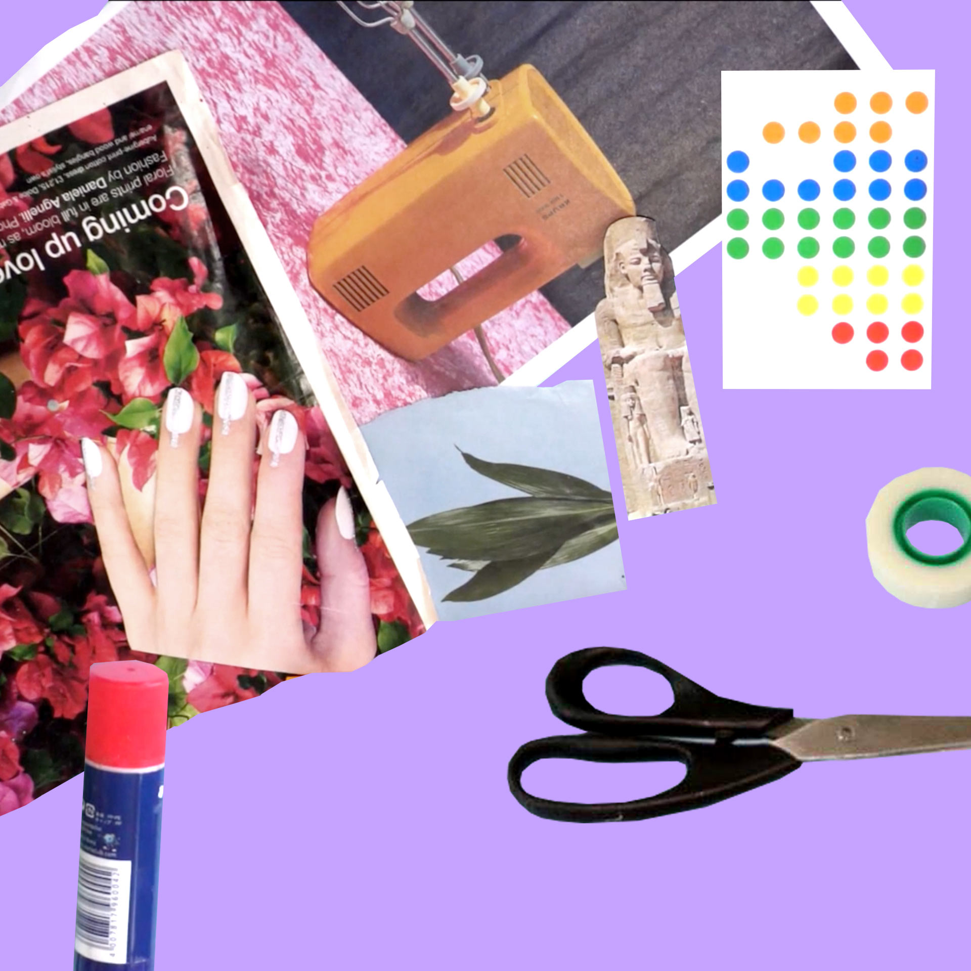 Sections from magazines are piled on top of each other and a pair of scissors, some tape and a glue stick