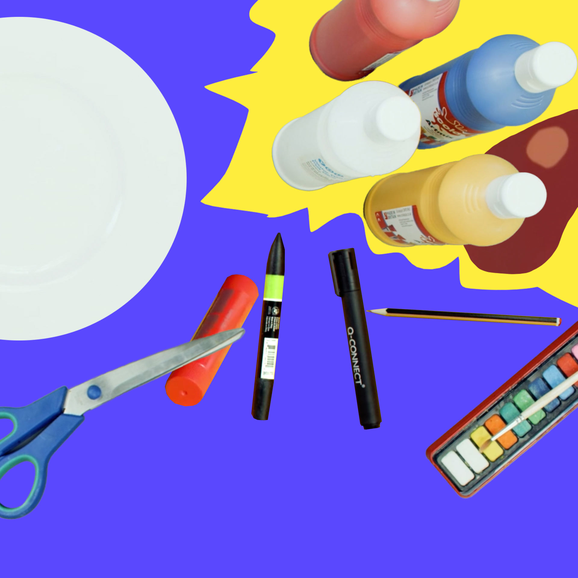 A top down view of: Poster paint, scissors, a plate, a glue stick on a bright indigo background