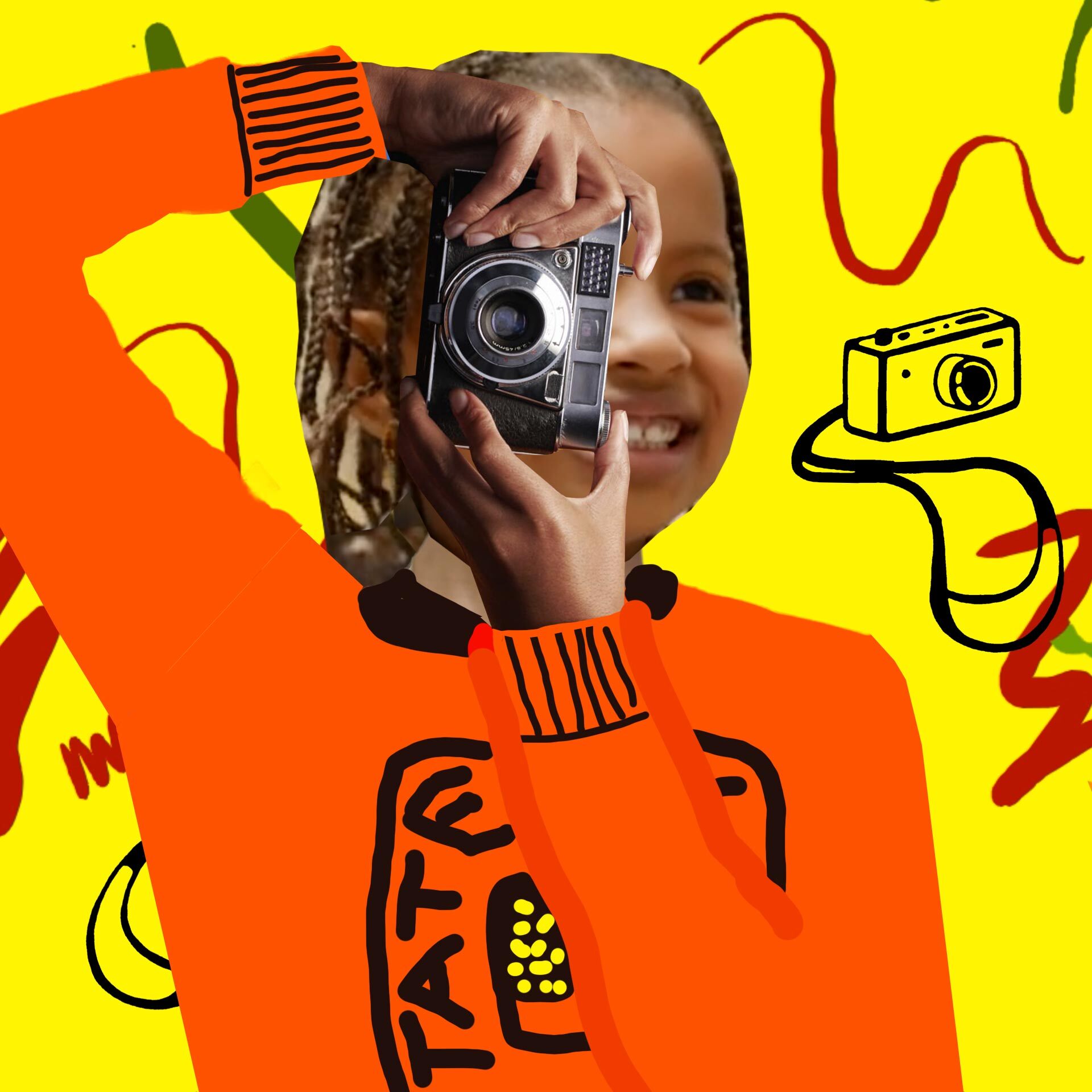 a girl holds a camera up and smiles