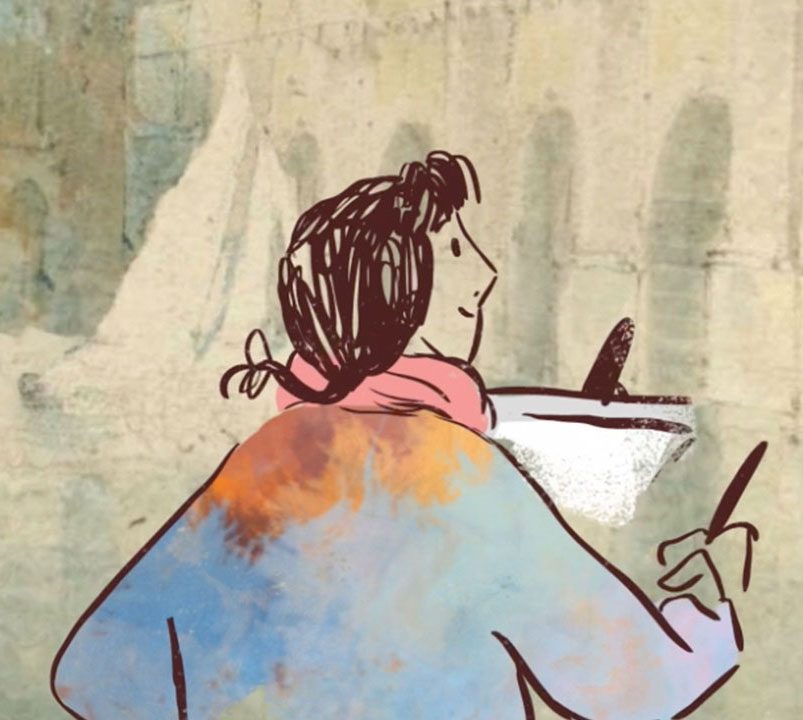 An illustration of the artist J.M.W. Turner painting en plein air, in front of a bridge - taken from one of his paintings